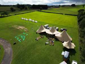 Alcott Weddings Tipi Venue Worcestershire tipi drone hay bales, camping, mini golf, lake views